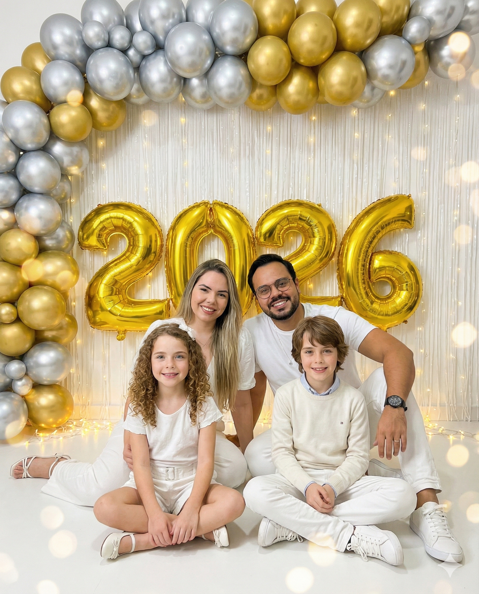 Como criar fotos de Ano Novo em Família com IA no Google Gemini 1 Foto de família Ano Novo 2026 fundo branco balões dourados