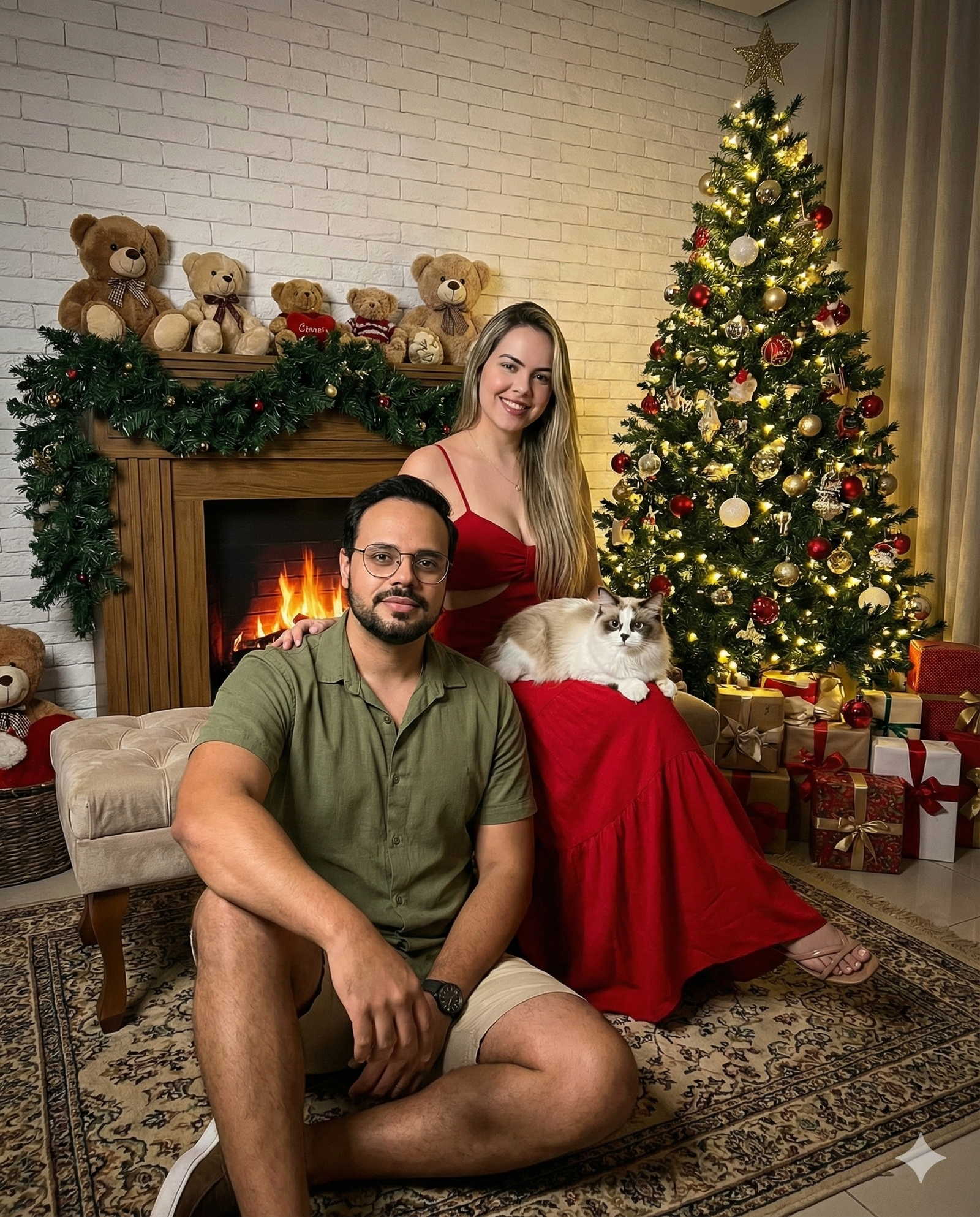 Criando Foto de Natal com Pets no Google Gemini com IA: Passo a Passo 3 Foto aconchegante Natal casal pet lareira
