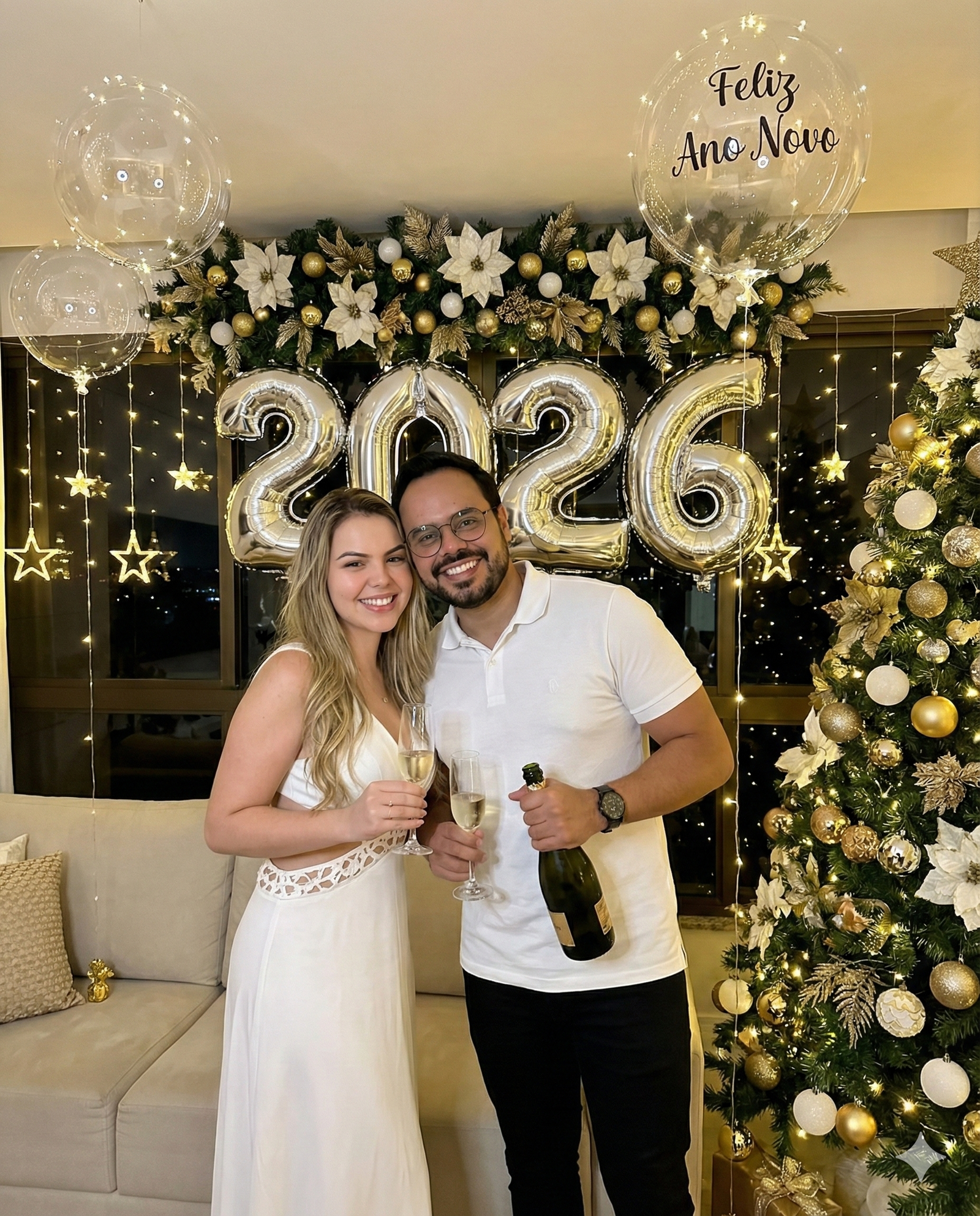 Foto de casal elegante na sala de estar ano novo 2026