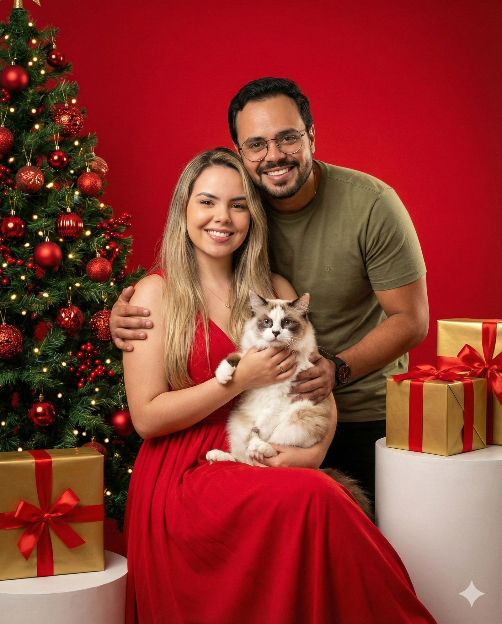 Criando Foto de Natal com Pets no Google Gemini com IA: Passo a Passo 2 Foto de estúdio Natal fundo vermelho casal e pet