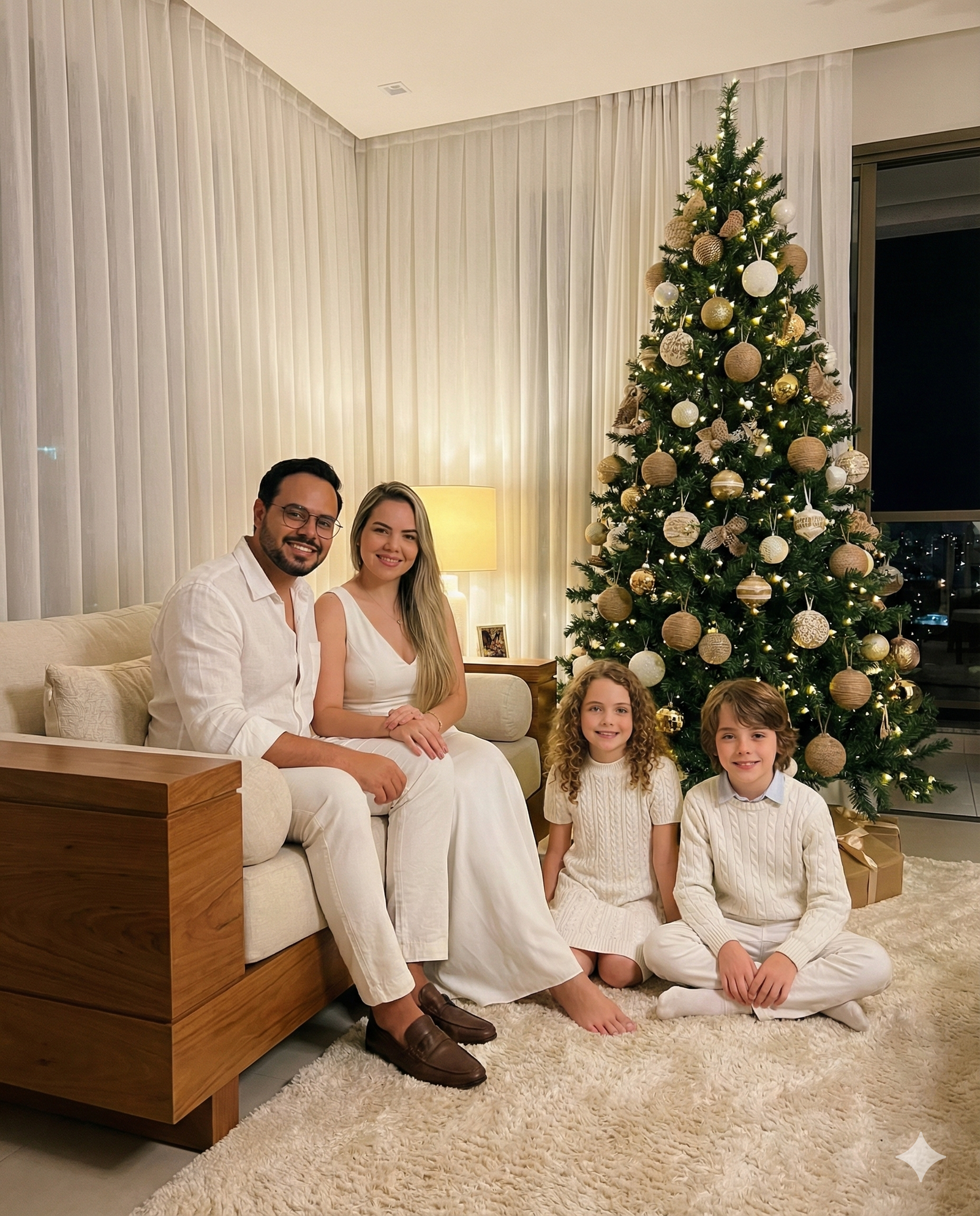 Como criar fotos de Ano Novo em Família com IA no Google Gemini 2 Foto de família elegante na sala de estar ano novo