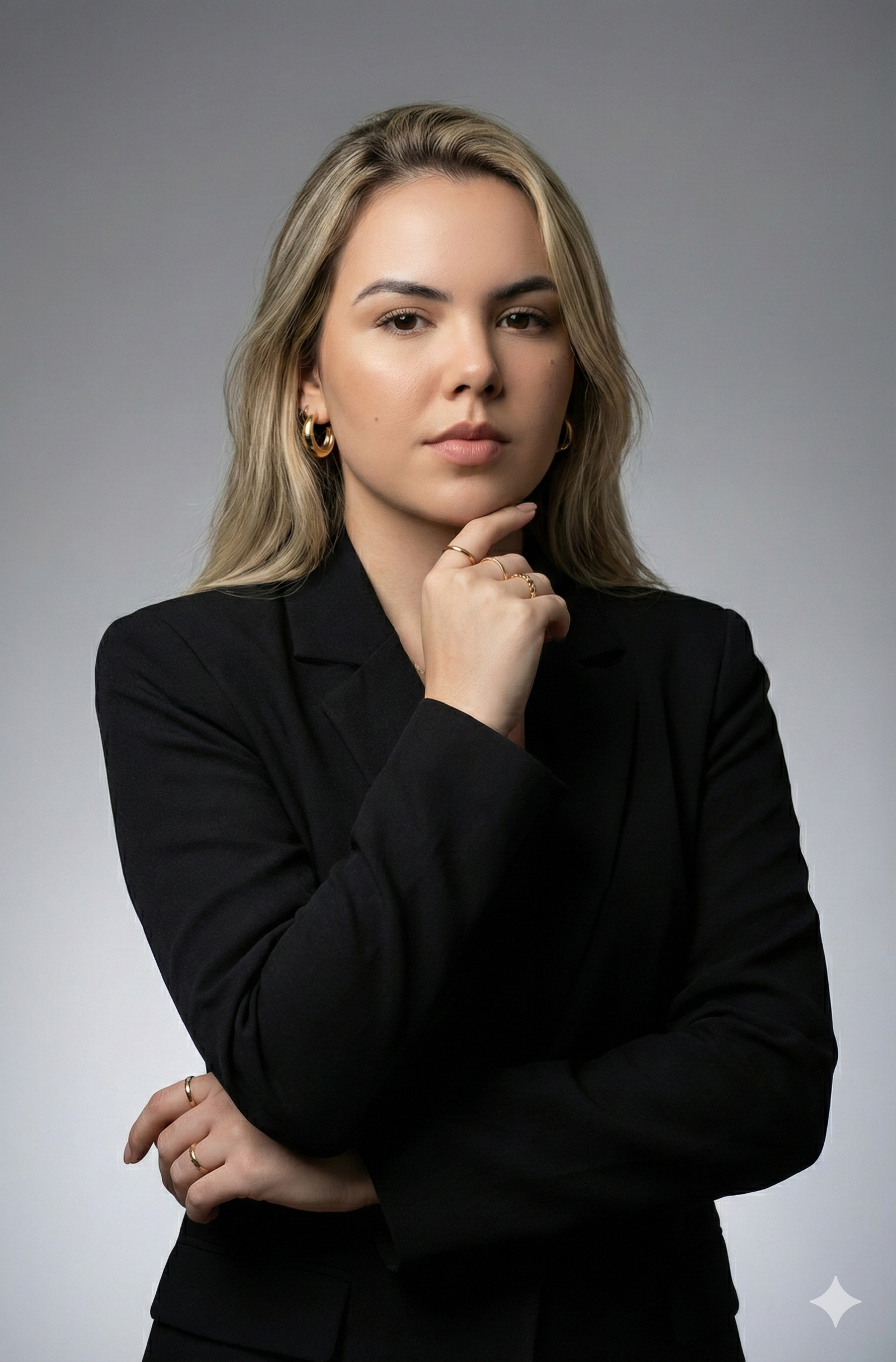 Retrato estúdio mulher blazer preto joias douradas