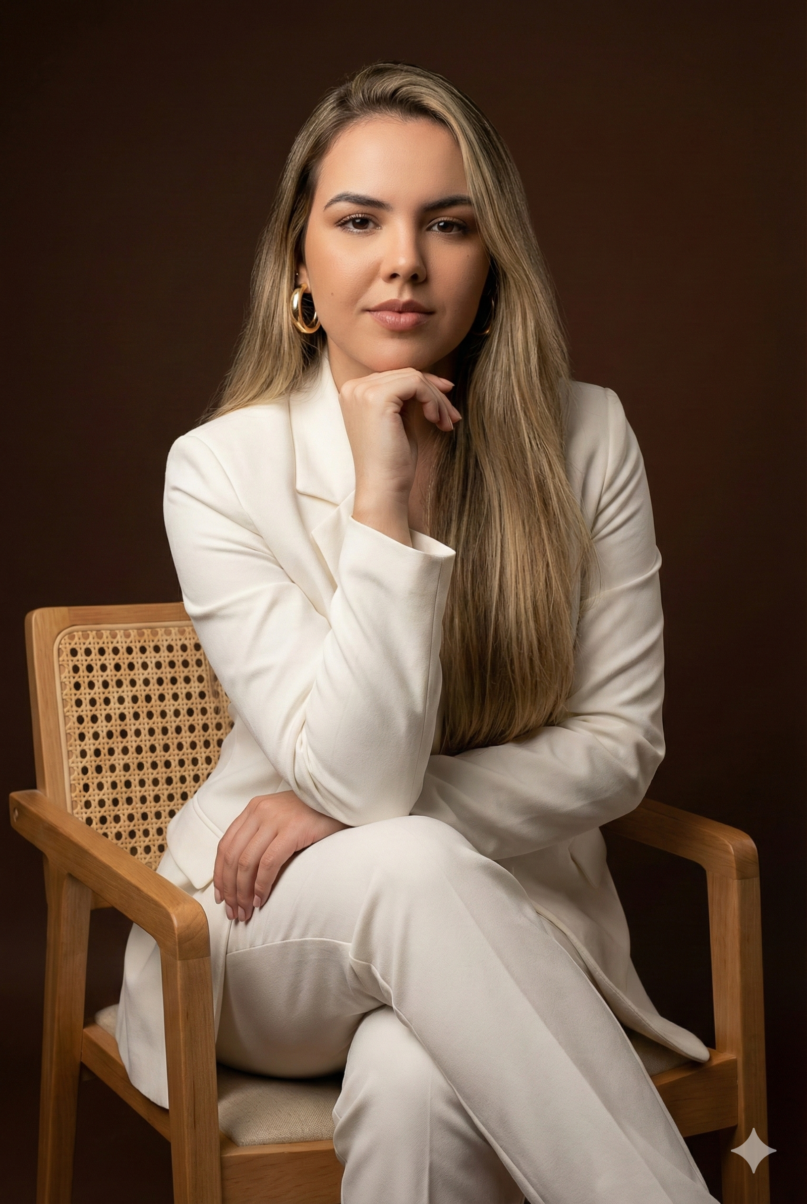 Retrato profissional mulher terno branco fundo chocolate