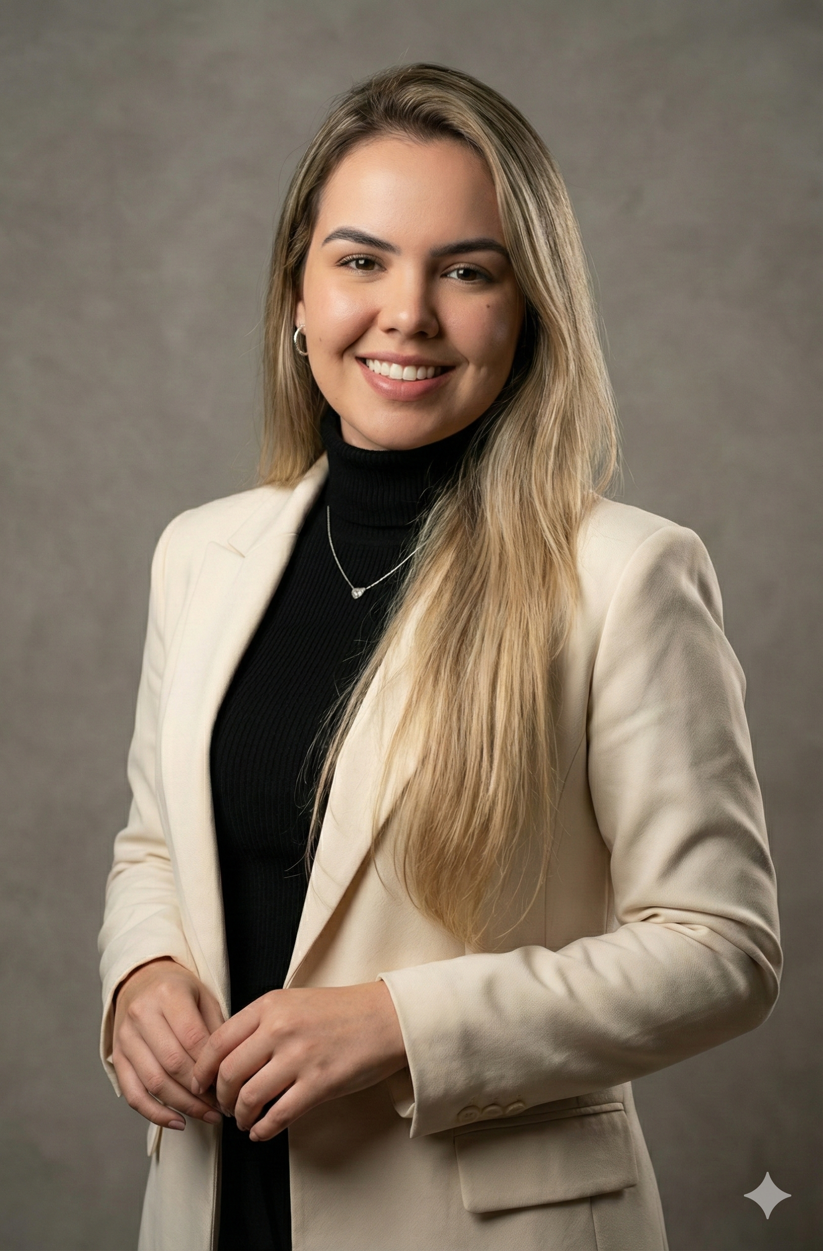 Retrato empresária terno creme blusa preta sorriso