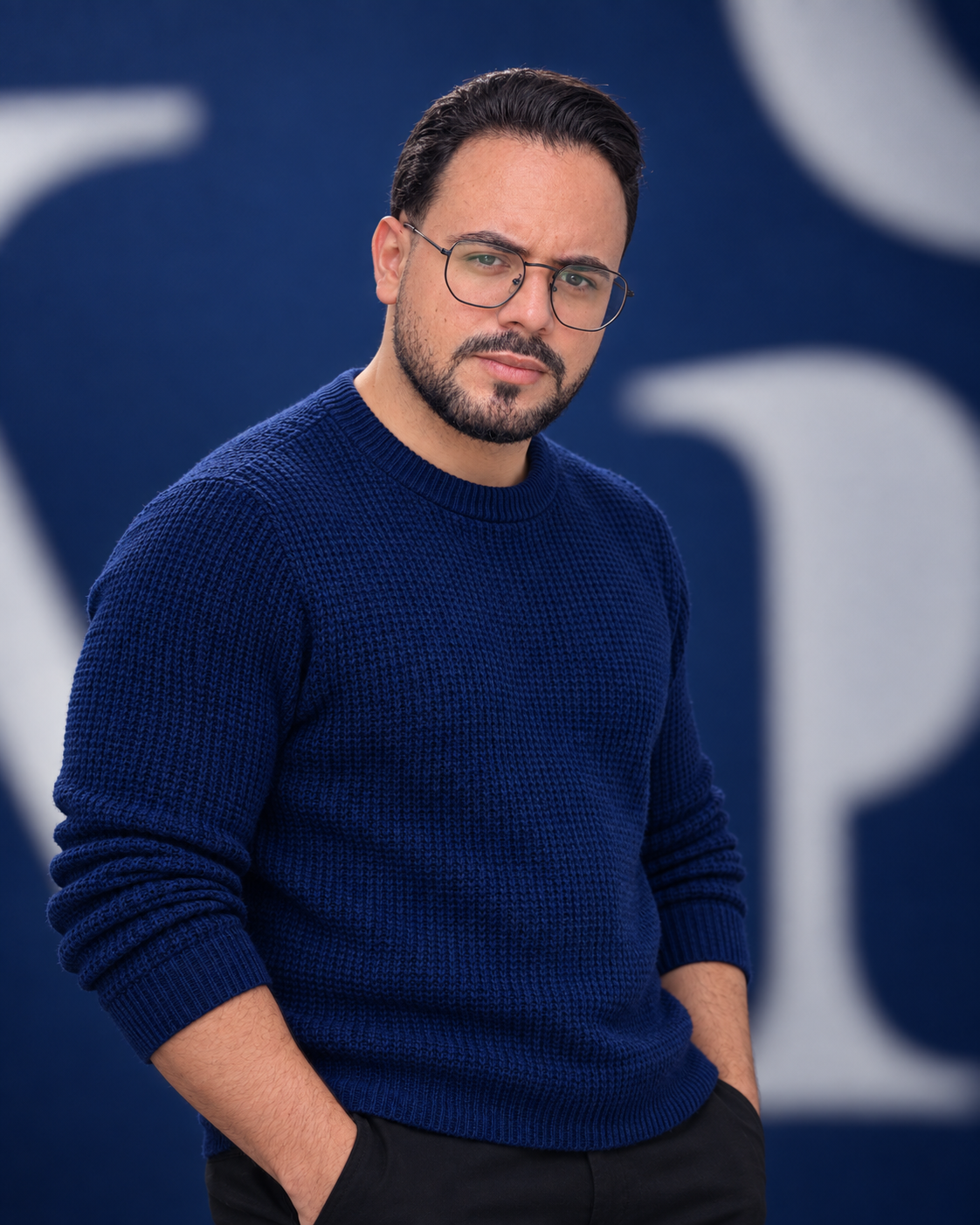 10 prompts para foto de perfil com IA para copiar 1 Homem de óculos e suéter azul em retrato de estúdio com fundo azul