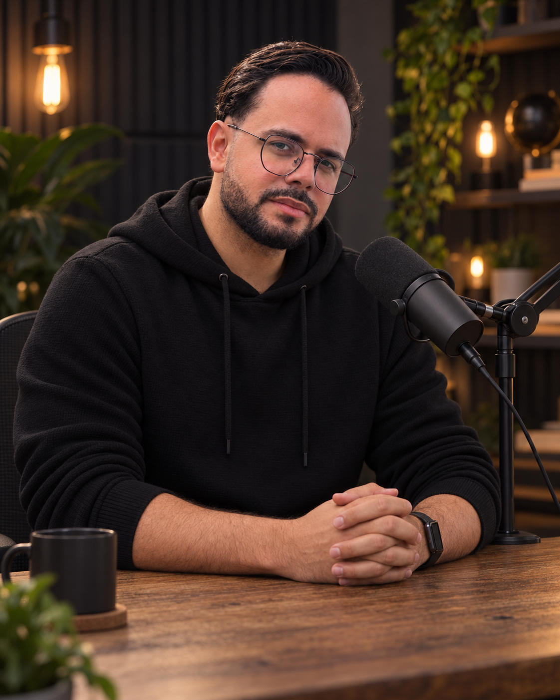 10 prompts para foto de perfil com IA para copiar 2 Homem de moletom preto sentado diante de um microfone em estúdio de podcast