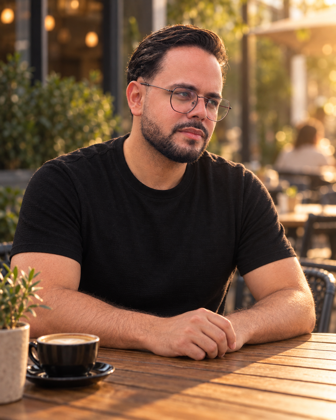 10 prompts para foto de perfil com IA para copiar 3 Homem de camiseta preta sentado em café ao ar livre sob luz dourada