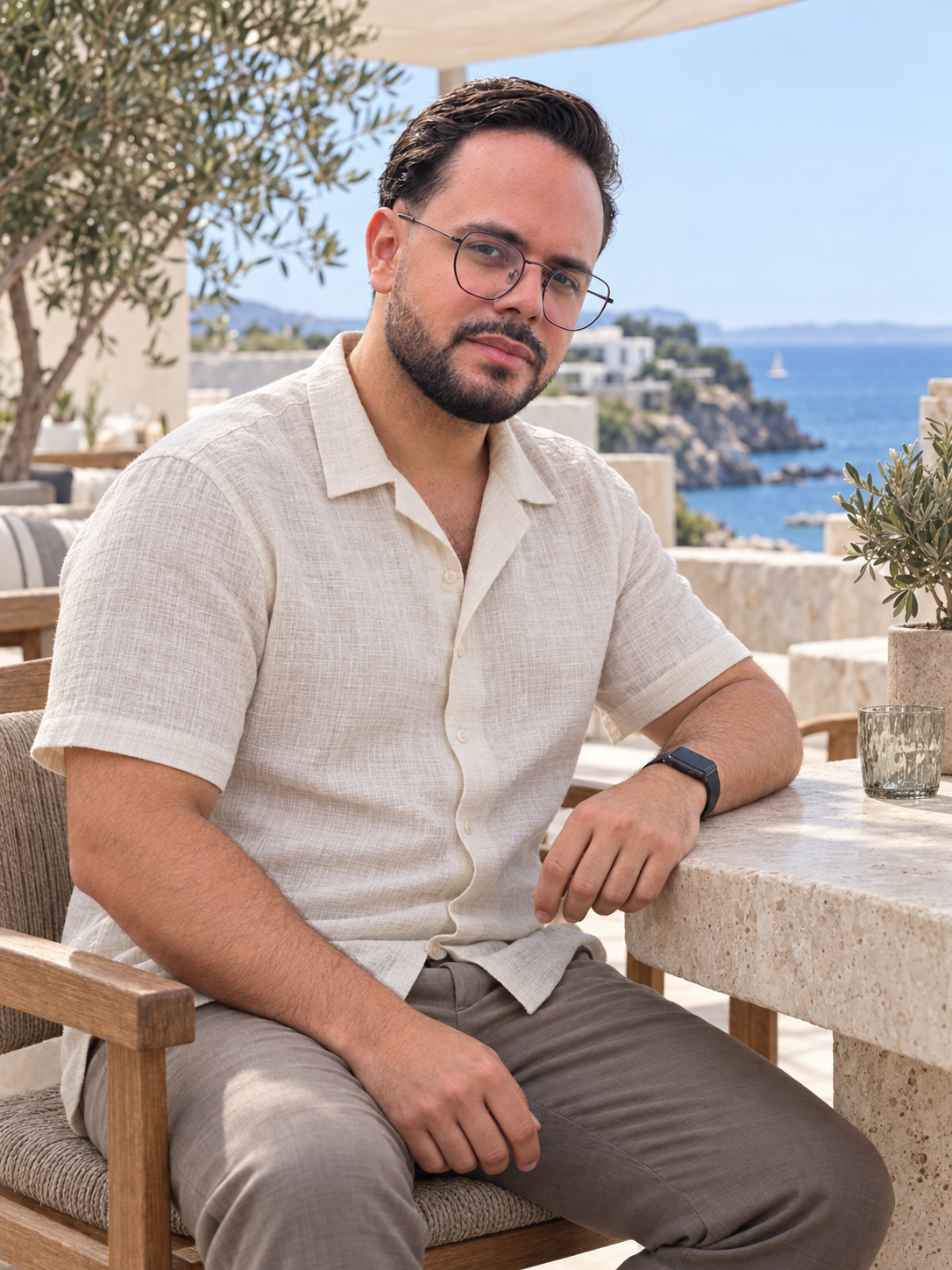 10 prompts para foto de perfil com IA para copiar 6 Homem de camisa de linho clara sentado à mesa em terraço com vista para o mar