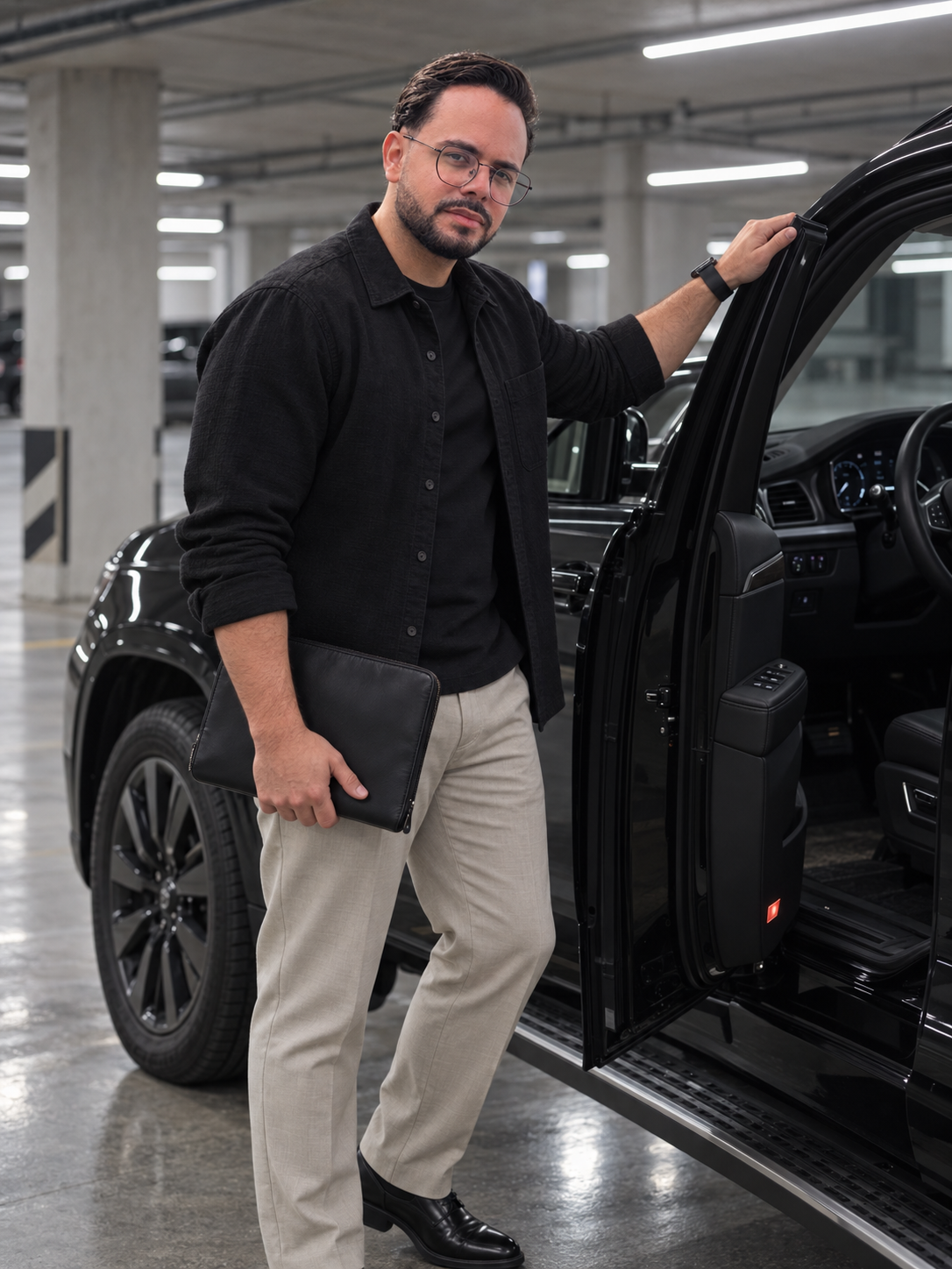 10 prompts para foto de perfil com IA para copiar 7 Homem ao lado da porta aberta de um SUV preto em estacionamento contemporâneo