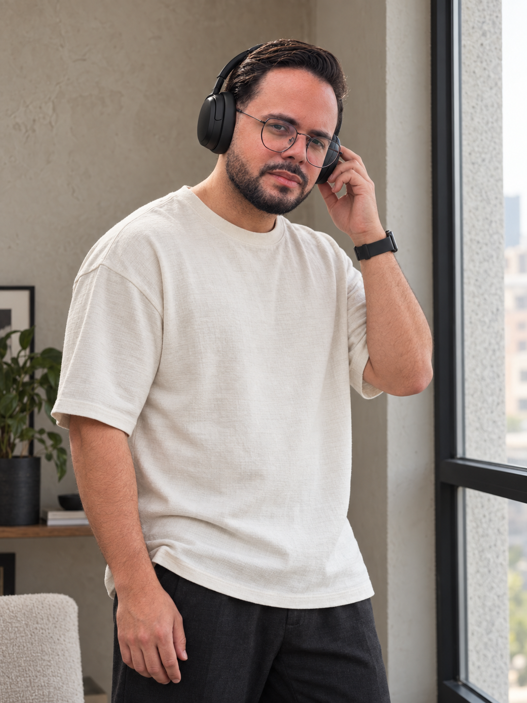 10 prompts para foto de perfil com IA para copiar 8 Homem de camiseta clara tocando fones de ouvido junto a uma janela
