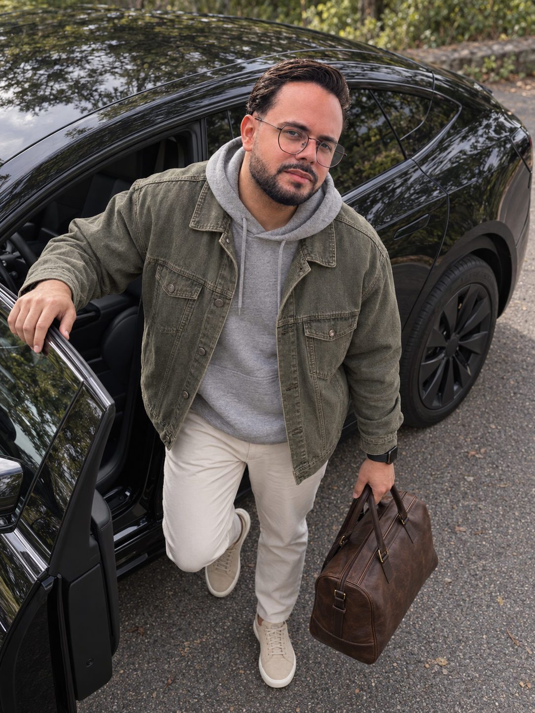 10 prompts para foto de perfil com IA para copiar 10 Homem de jaqueta verde-clara saindo de carro preto em estrada cercada de vegetação